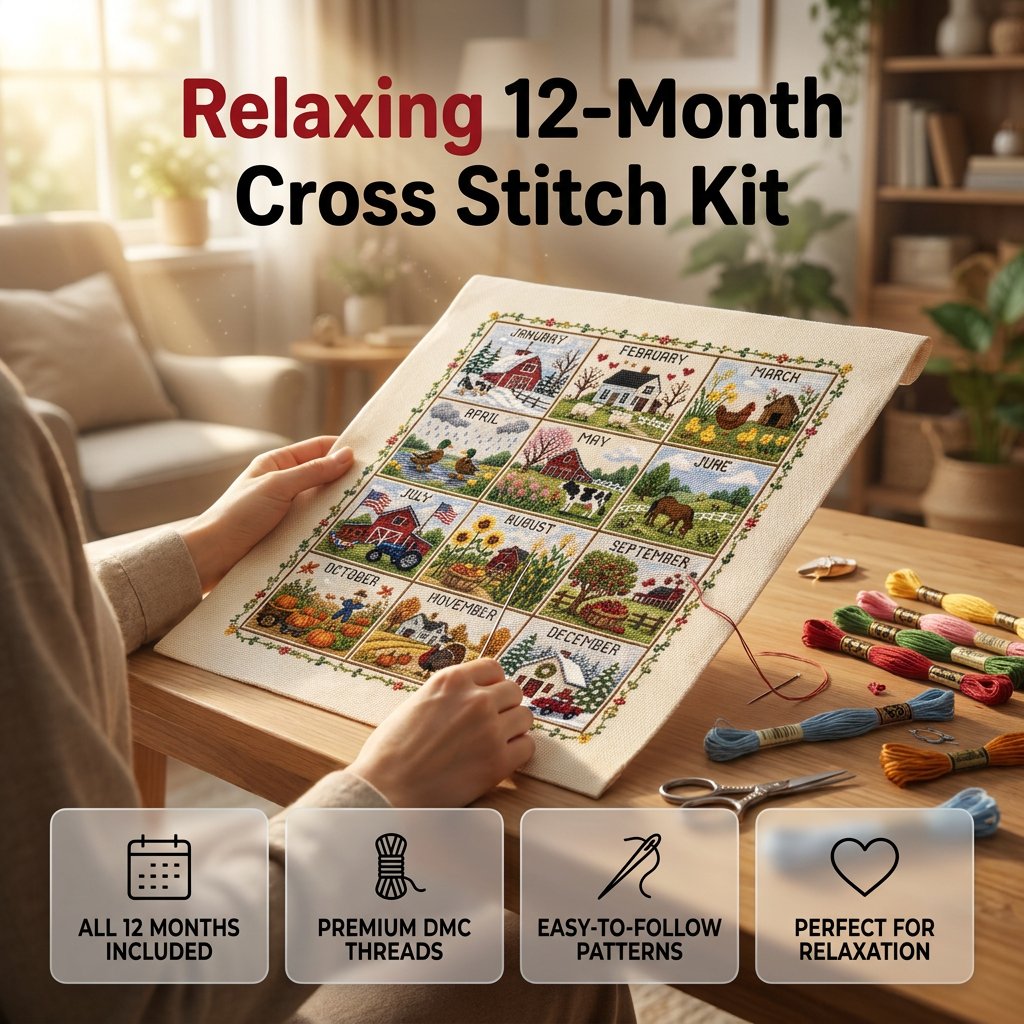 🌾🧵 Kit de point de croix Saisons et Fêtes (12 mois) — tissu pré-imprimé, pour broder sans compter