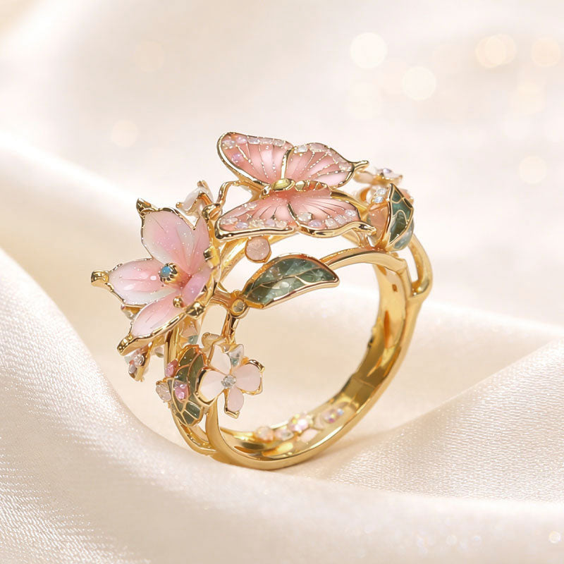 🦋Bague ouverte Butterfly & Flower Statement🌹