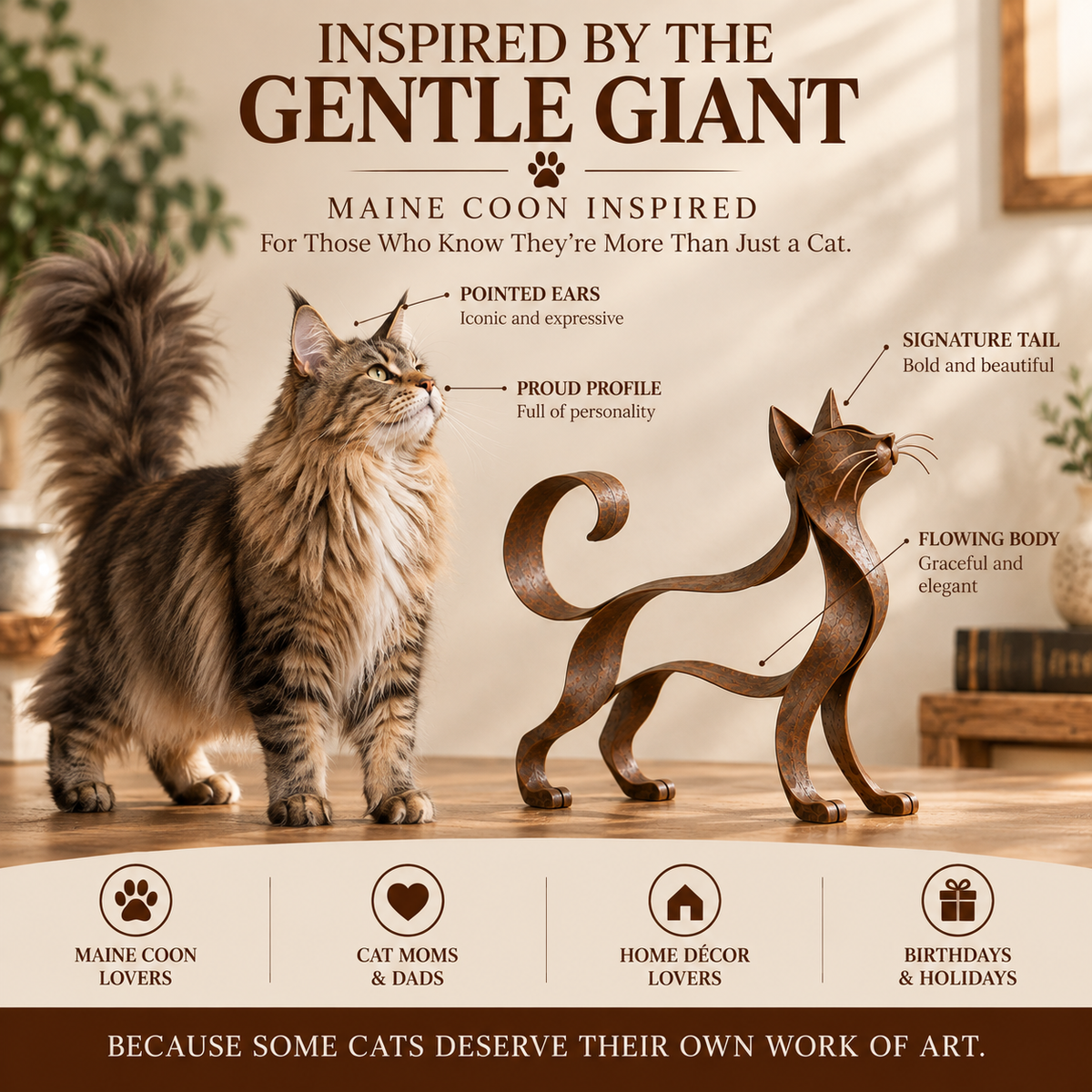 🐱✨ Sculpture métal Maine Coon--lignes fluides et charme rustique pour la maison d'un amoureux des chats