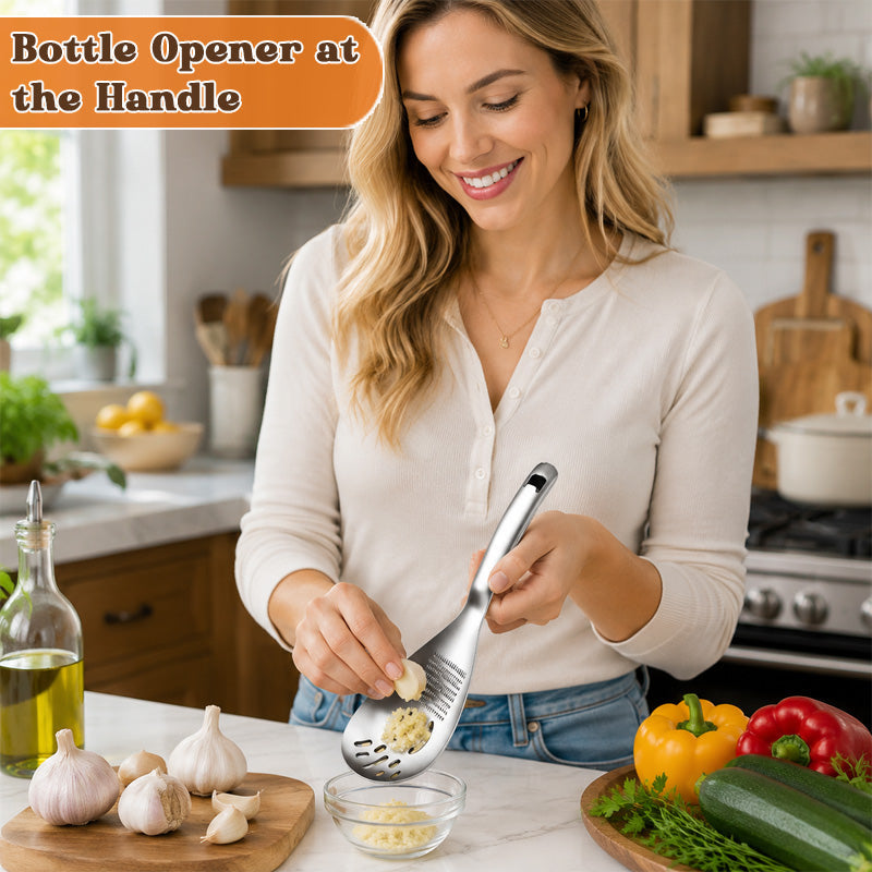 🥄 Cuillère de cuisine multifonctionnelle — Râpez, écrasez et filtrez en quelques secondes ! ✨🧄