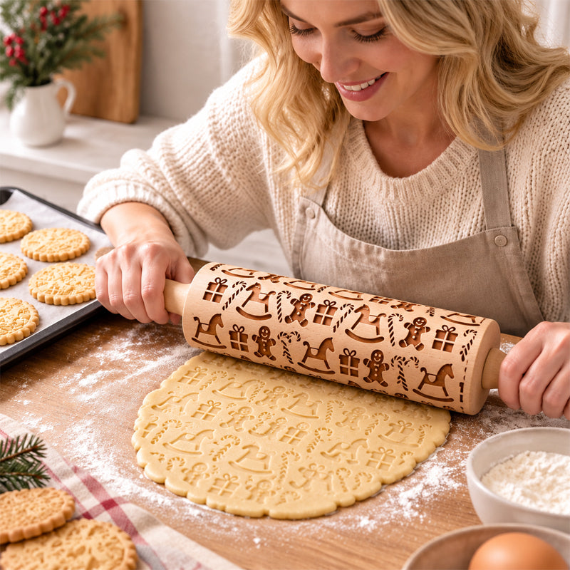 🎄🎨 Rouleau à pâtisserie gravé renne et bonhomme en pain d'épices — un simple geste, et vos biscuits se parent de motifs festifs