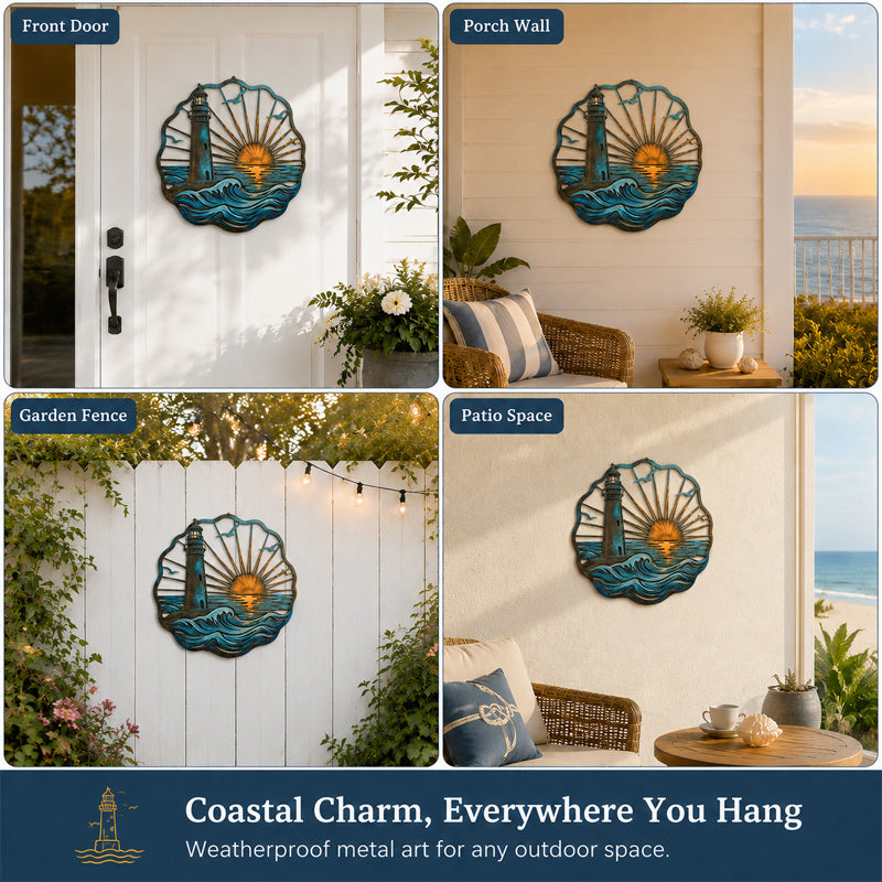 🌅 Fresque du phare de Golden Harbour – Décoration murale en métal style côtier vintage ⚓