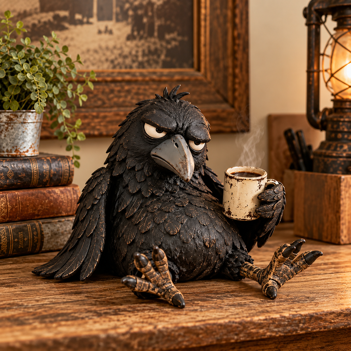 ☕Statuette de corbeau grognon – “Pas encore” Décoration matinale amusante
