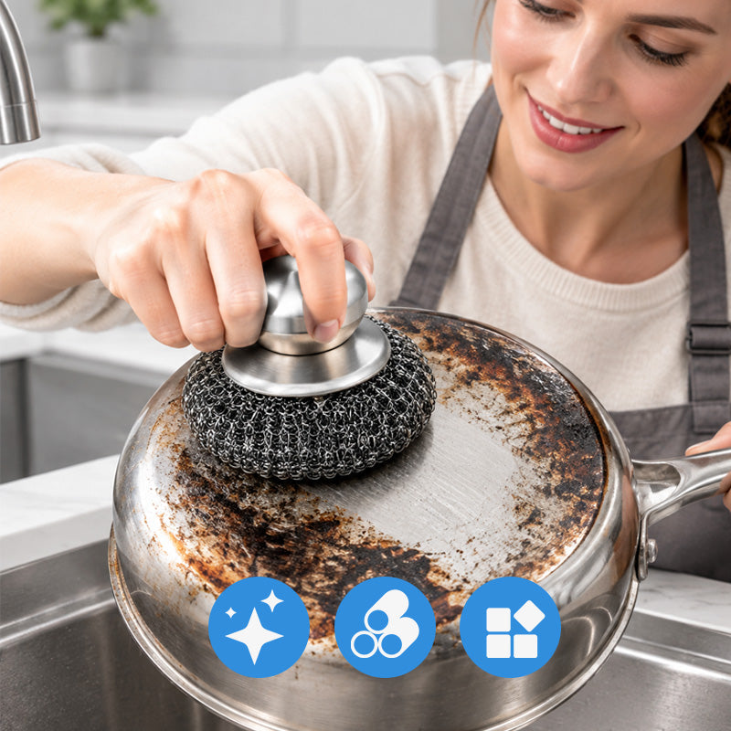 🧽🍳 Brosse à récurer les casseroles avec manche — Grattoir en fil d'acier pour venir à bout des saletés tenaces en cuisine