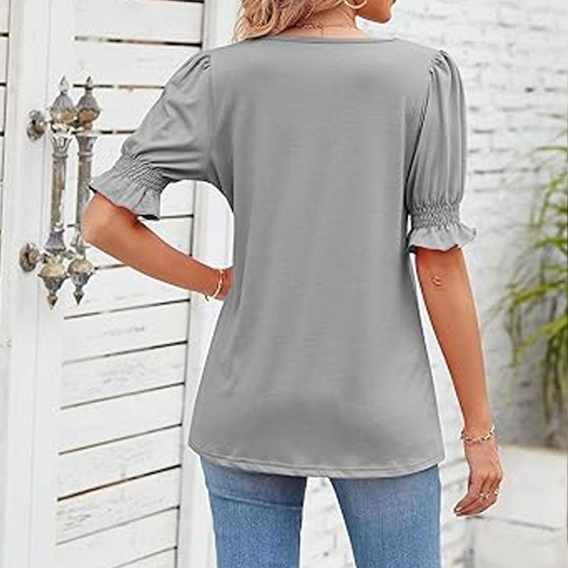 ⏳2025 Nouvelle arrivée🌸T-shirt à col carré et manches smockées pour femme