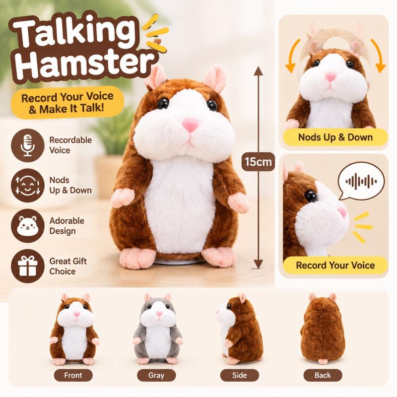 🐹 Peluche hamster parlante – répète les sons et bouge ! 3 couleurs + édition de Noël (15 cm) ✨🎄