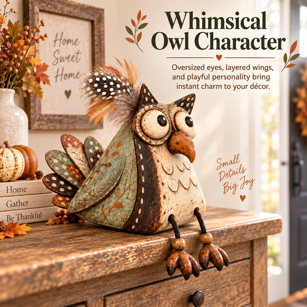 🦉🍂 Statuette de hibou rustique pour étagère--un charme fermier ludique pour chaque coin
