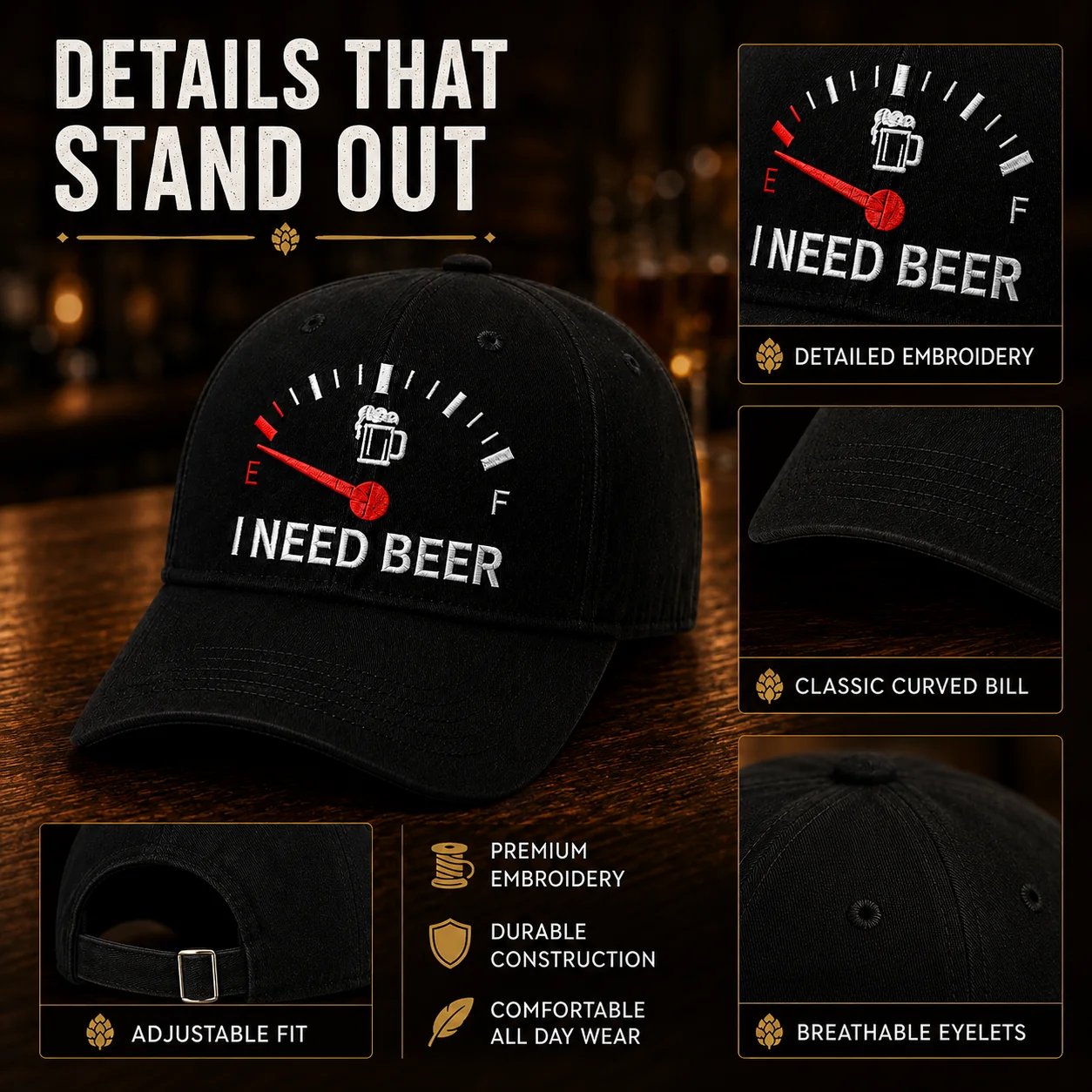 🧢 Casquette de Baseball Brodé "I NEED BEER" — Jauge à Bière Rigolote en Relief