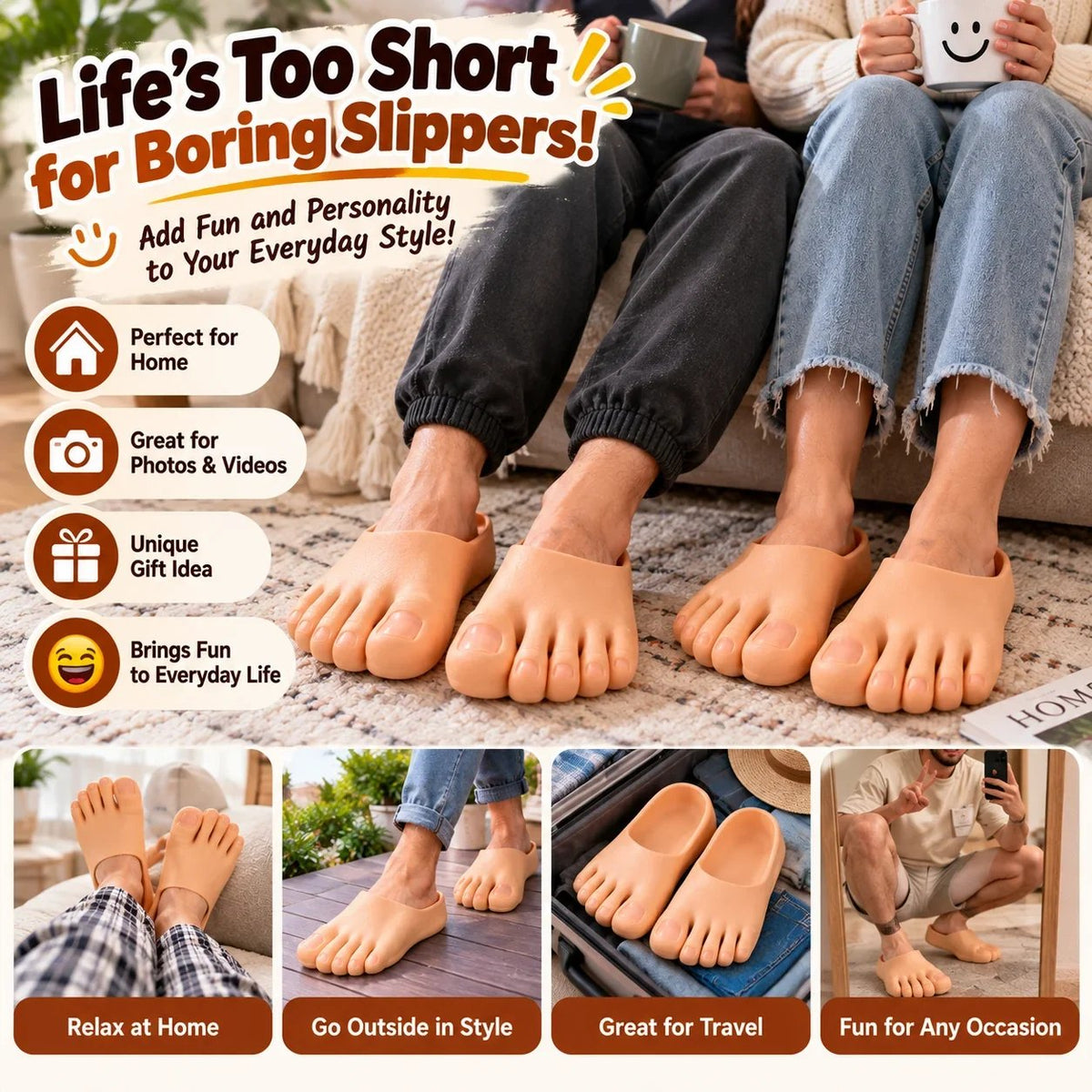 😂 Pantoufles réalistes en forme de pieds nus – Chaussons rigolos avec d’énormes orteils, cadeau hilarant pour faire une blague 👣