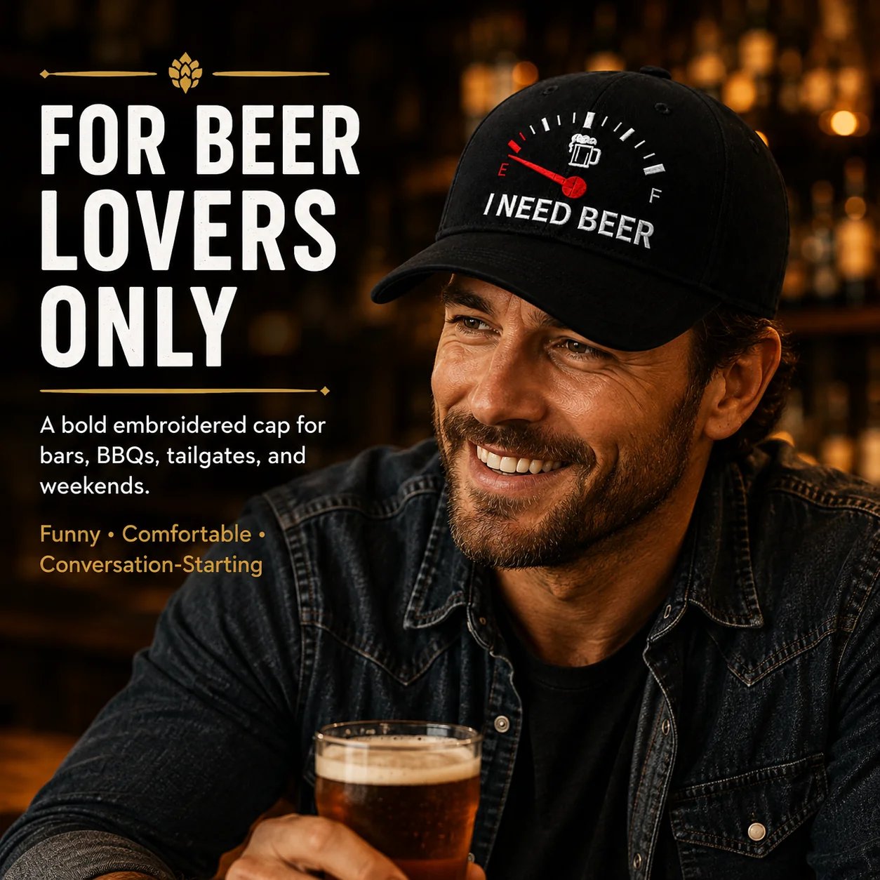 🧢 Casquette de Baseball Brodé "I NEED BEER" — Jauge à Bière Rigolote en Relief