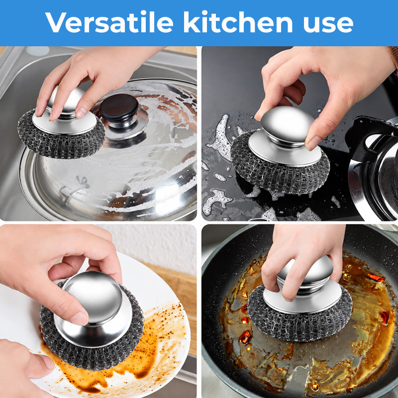 🧽🍳 Brosse à récurer les casseroles avec manche — Grattoir en fil d'acier pour venir à bout des saletés tenaces en cuisine