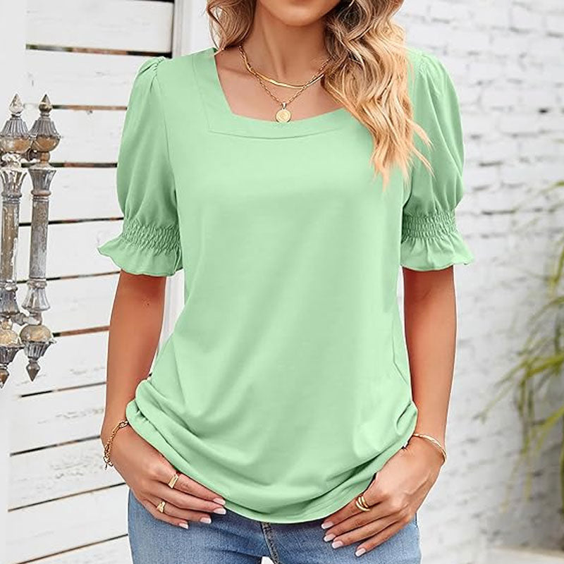 ⏳2025 Nouvelle arrivée🌸T-shirt à col carré et manches smockées pour femme
