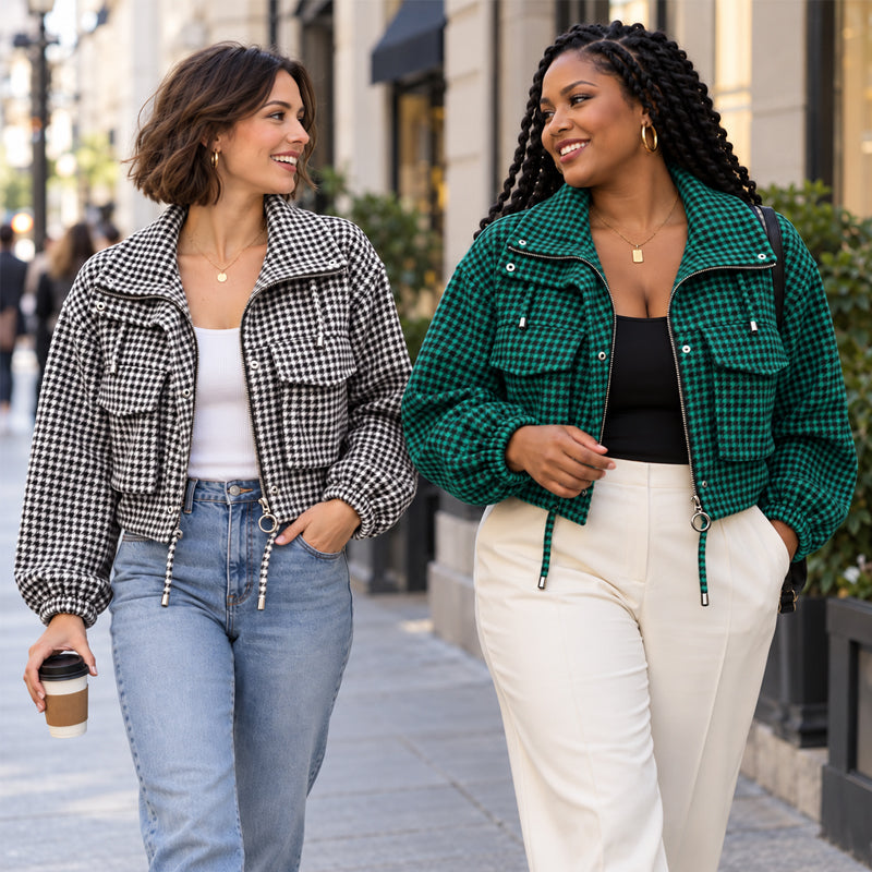 🧥Veste courte femme à motif pied-de-poule et style utilitaire🍂