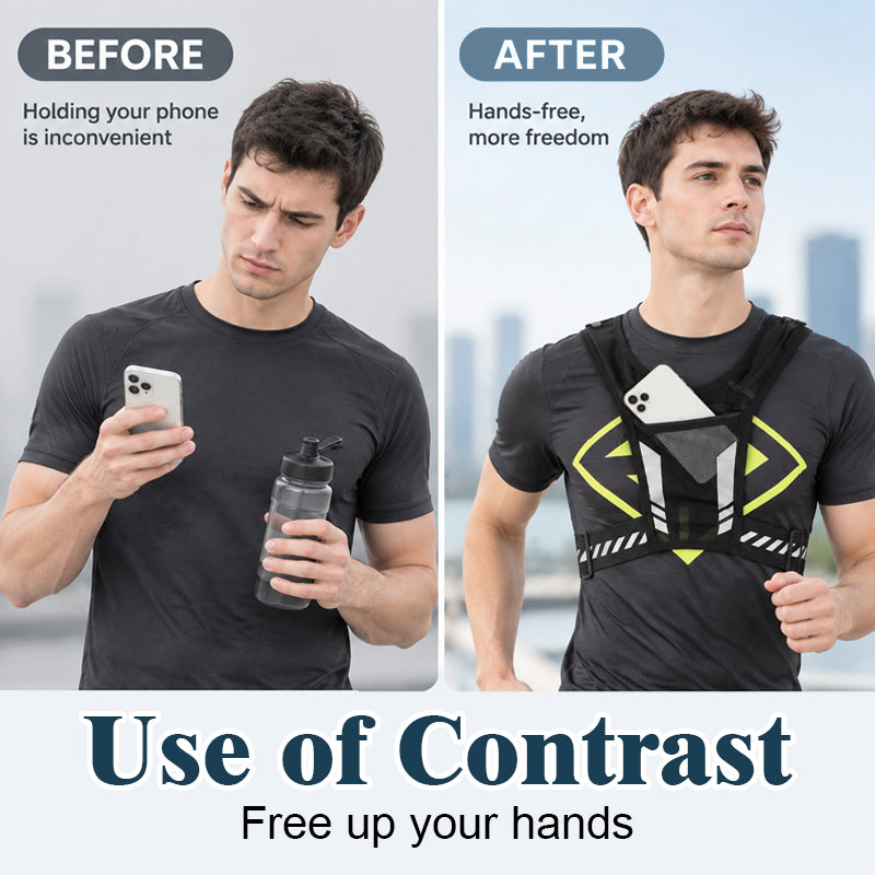 🏃Gilet de course « mains libres » — Rangement pour gourde et téléphone, et éléments réfléchissants pour la sécurité