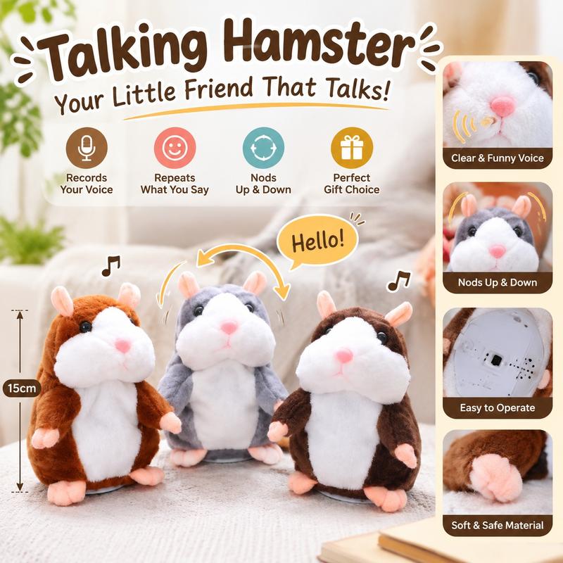 🐹 Peluche hamster parlante – répète les sons et bouge ! 3 couleurs + édition de Noël (15 cm) ✨🎄