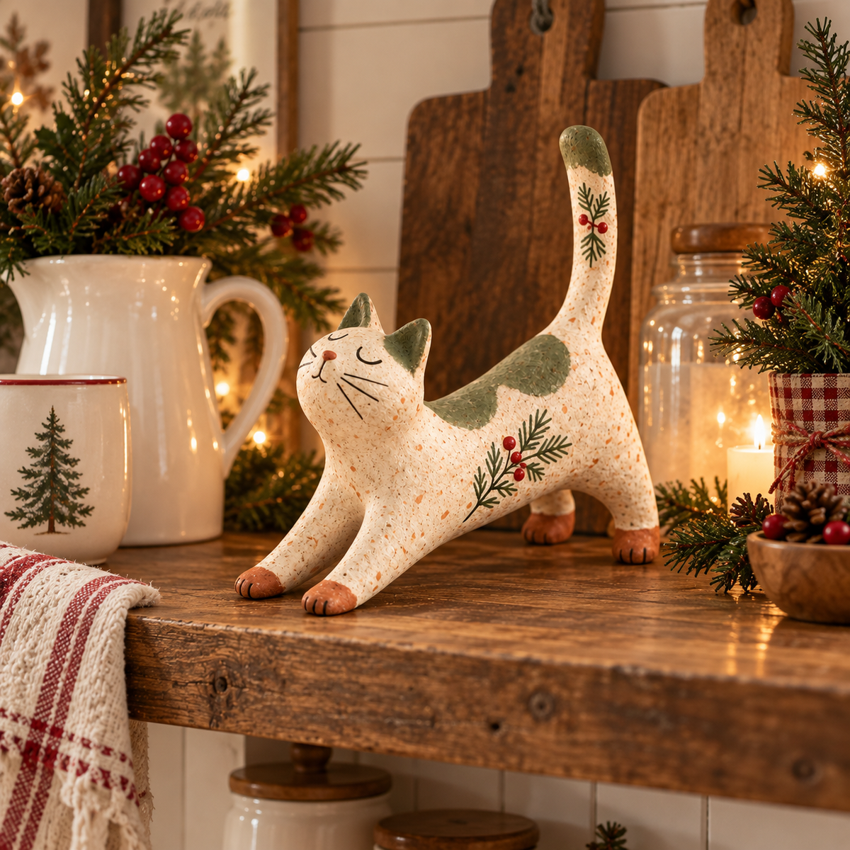 🐈🎄 Figurine de chat de Noël woodland--une touche chaleureuse et rustique pour votre maison de fête