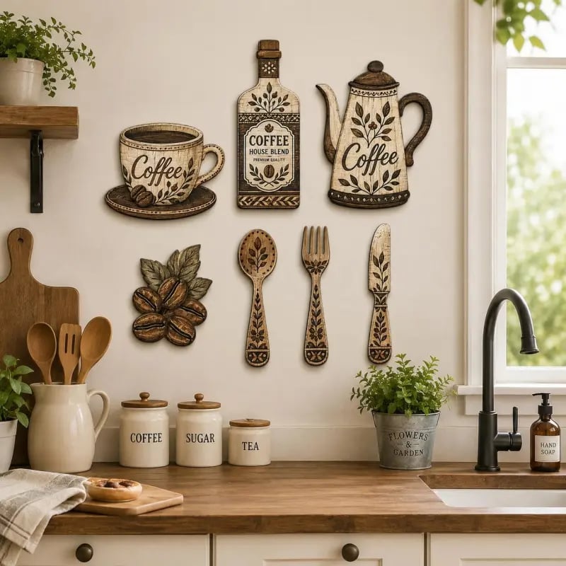☕Décoration Murale 7 Pièces en Bois Style Coin Café✨