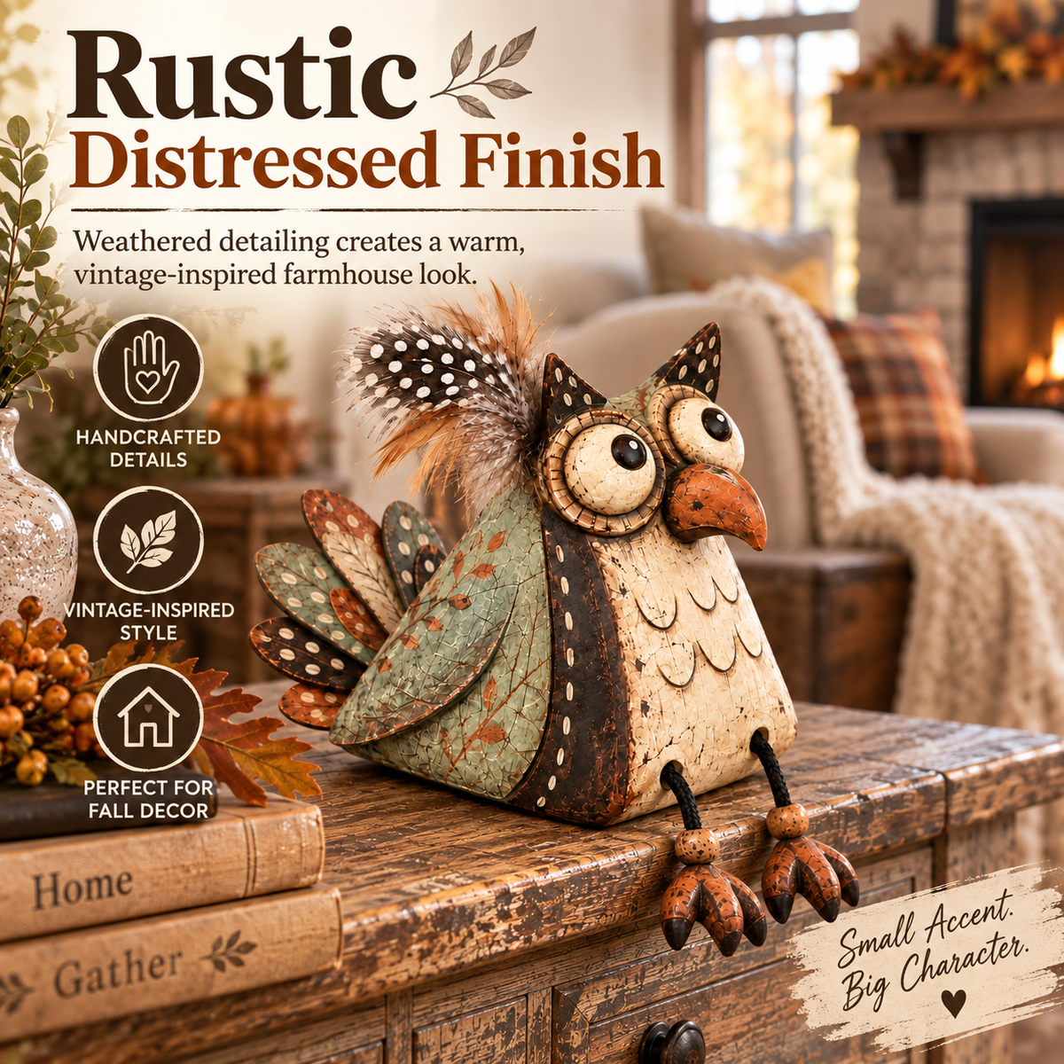 🦉🍂 Statuette de hibou rustique pour étagère--un charme fermier ludique pour chaque coin