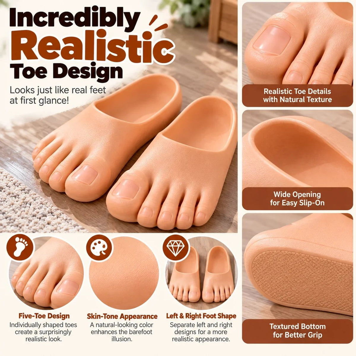 😂 Pantoufles réalistes en forme de pieds nus – Chaussons rigolos avec d’énormes orteils, cadeau hilarant pour faire une blague 👣