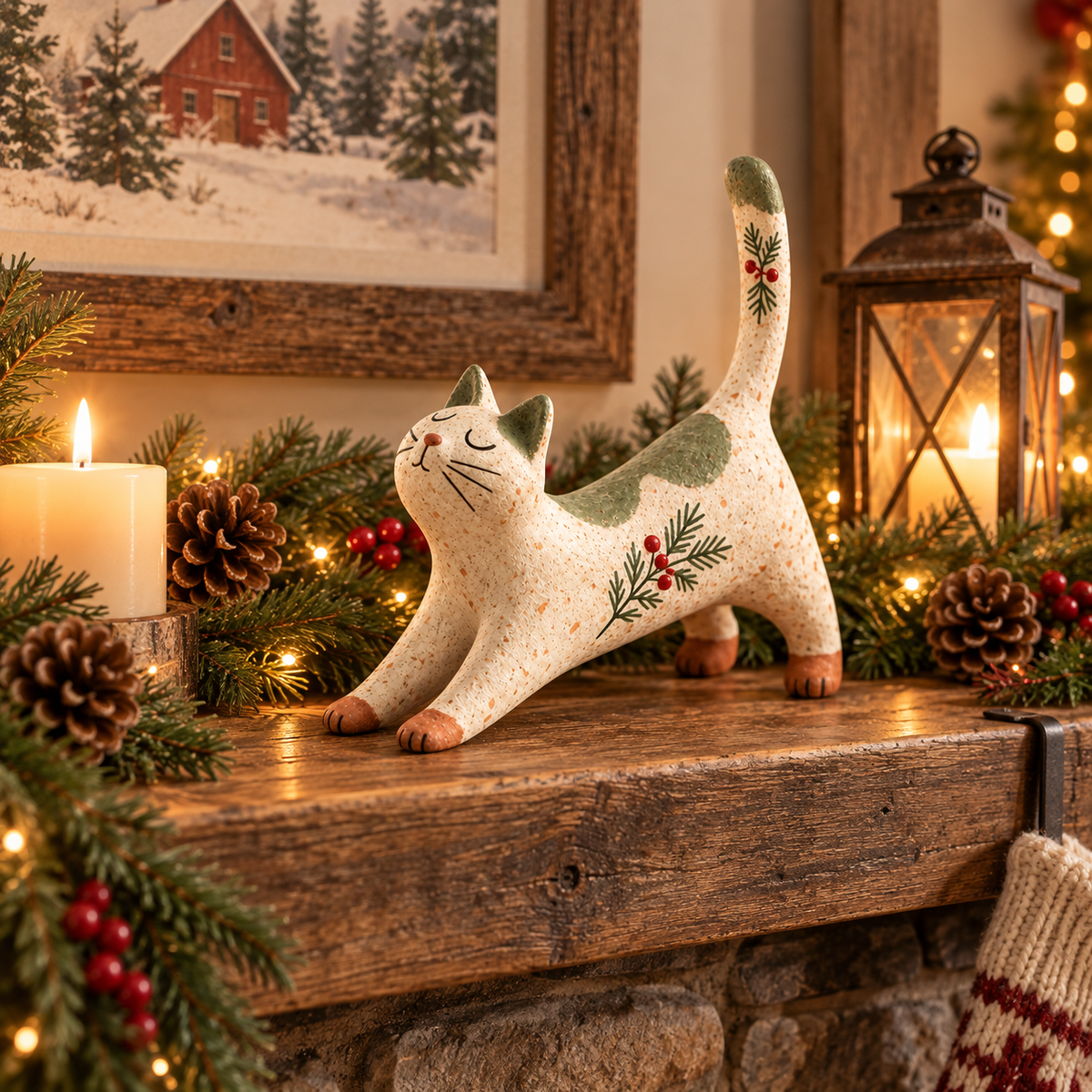 🐈🎄 Figurine de chat de Noël woodland--une touche chaleureuse et rustique pour votre maison de fête