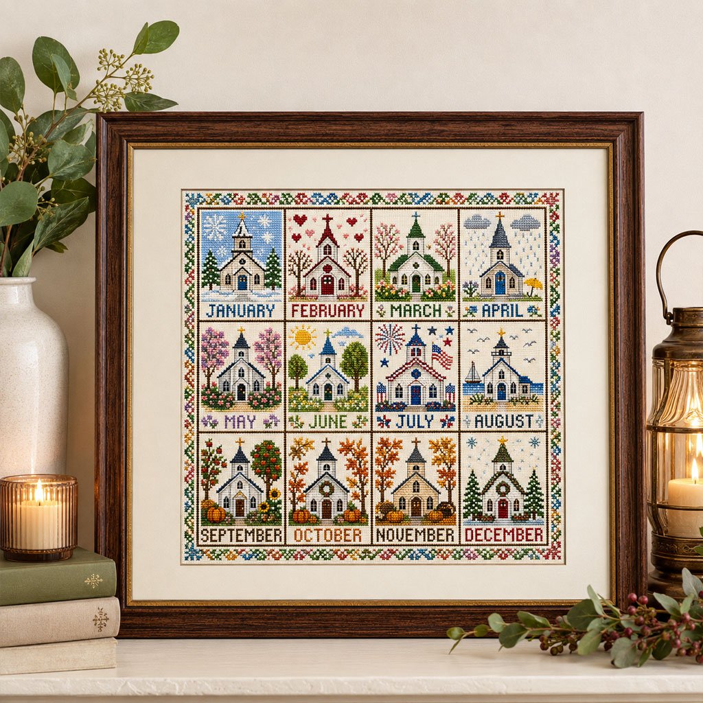 🌾🧵 Kit de point de croix Saisons et Fêtes (12 mois) — tissu pré-imprimé, pour broder sans compter