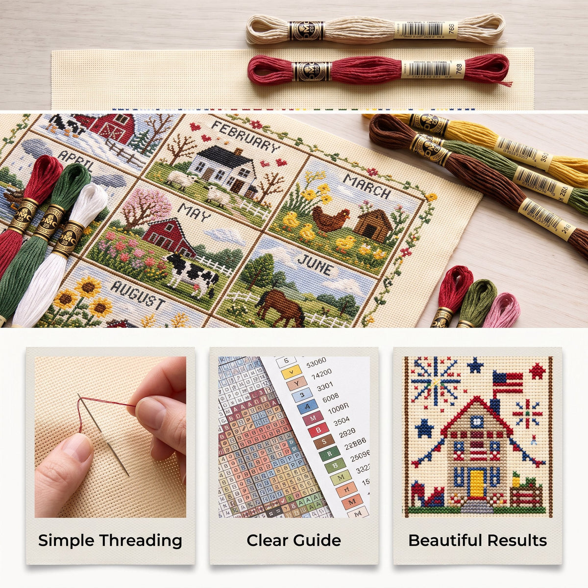 🌾🧵 Kit de point de croix Saisons et Fêtes (12 mois) — tissu pré-imprimé, pour broder sans compter