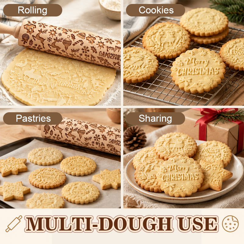 🎄🎨 Rouleau à pâtisserie gravé renne et bonhomme en pain d'épices — un simple geste, et vos biscuits se parent de motifs festifs