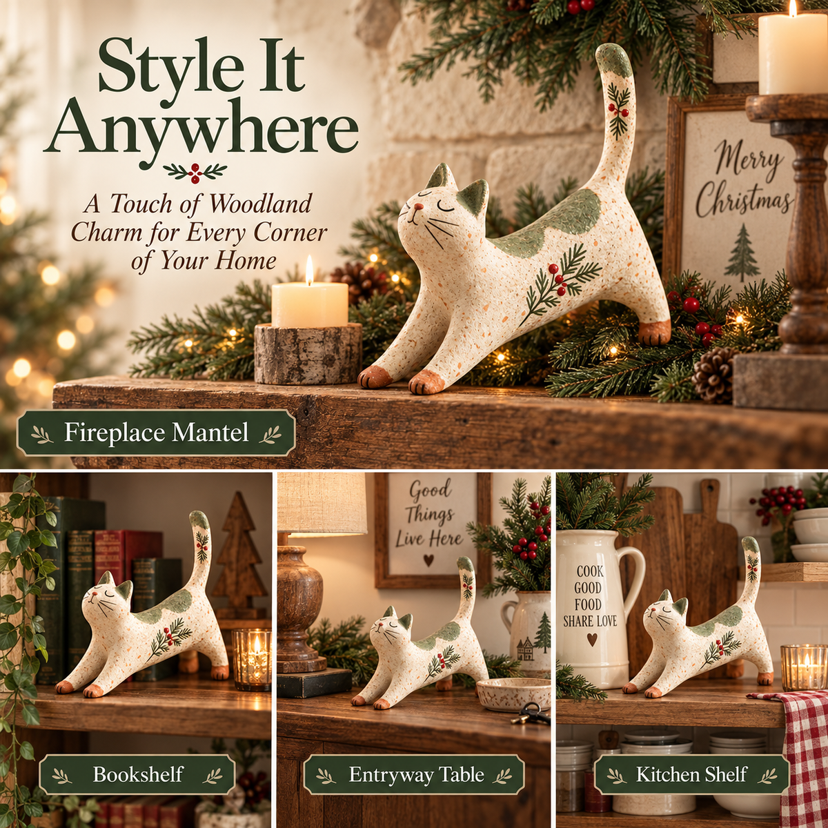 🐈🎄 Figurine de chat de Noël woodland--une touche chaleureuse et rustique pour votre maison de fête