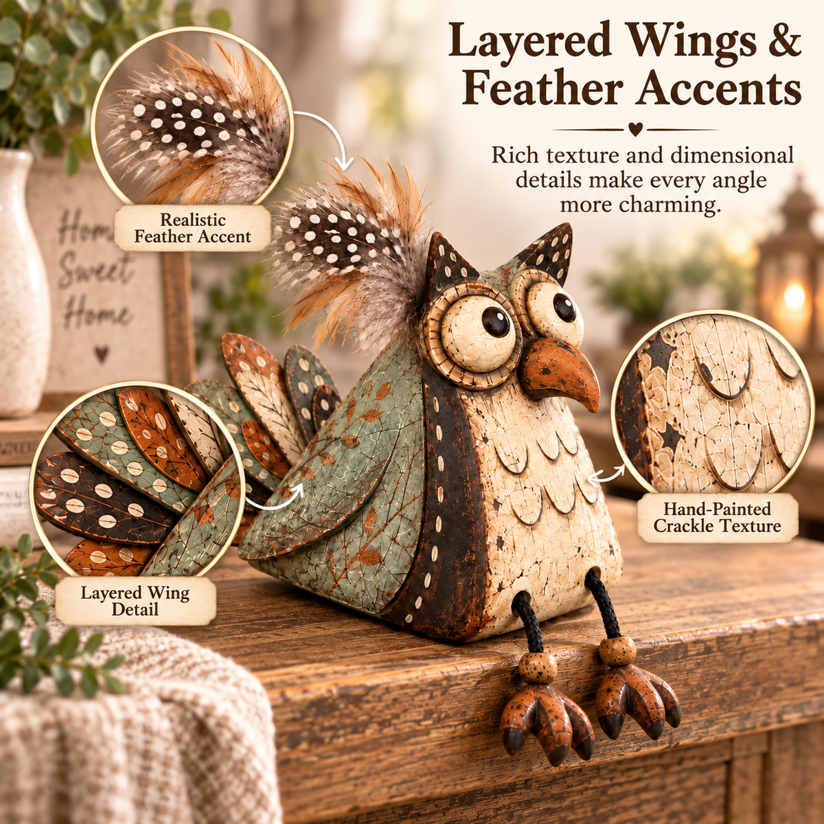 🦉🍂 Statuette de hibou rustique pour étagère--un charme fermier ludique pour chaque coin
