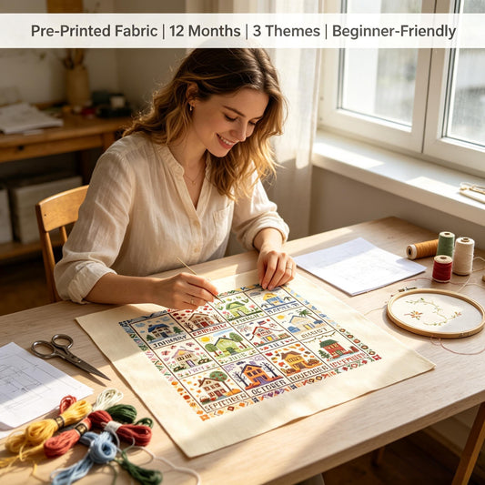 🌾🧵 Kit de point de croix Saisons et Fêtes (12 mois) — tissu pré-imprimé, pour broder sans compter