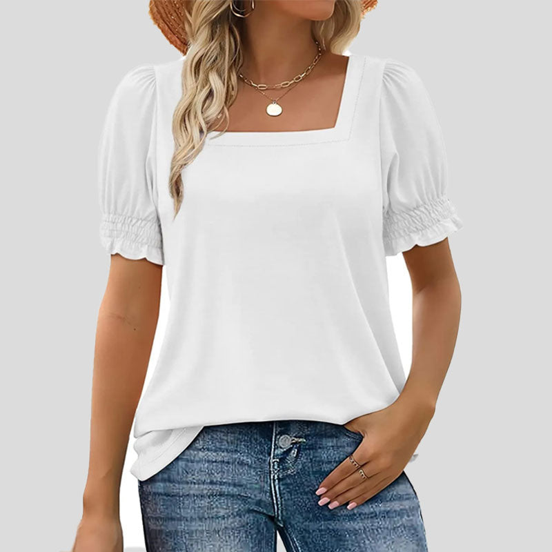 ⏳2025 Nouvelle arrivée🌸T-shirt à col carré et manches smockées pour femme