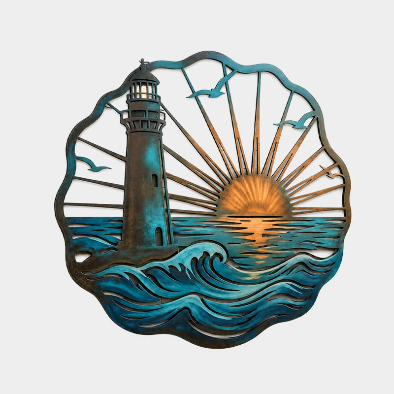 🌅 Fresque du phare de Golden Harbour – Décoration murale en métal style côtier vintage ⚓