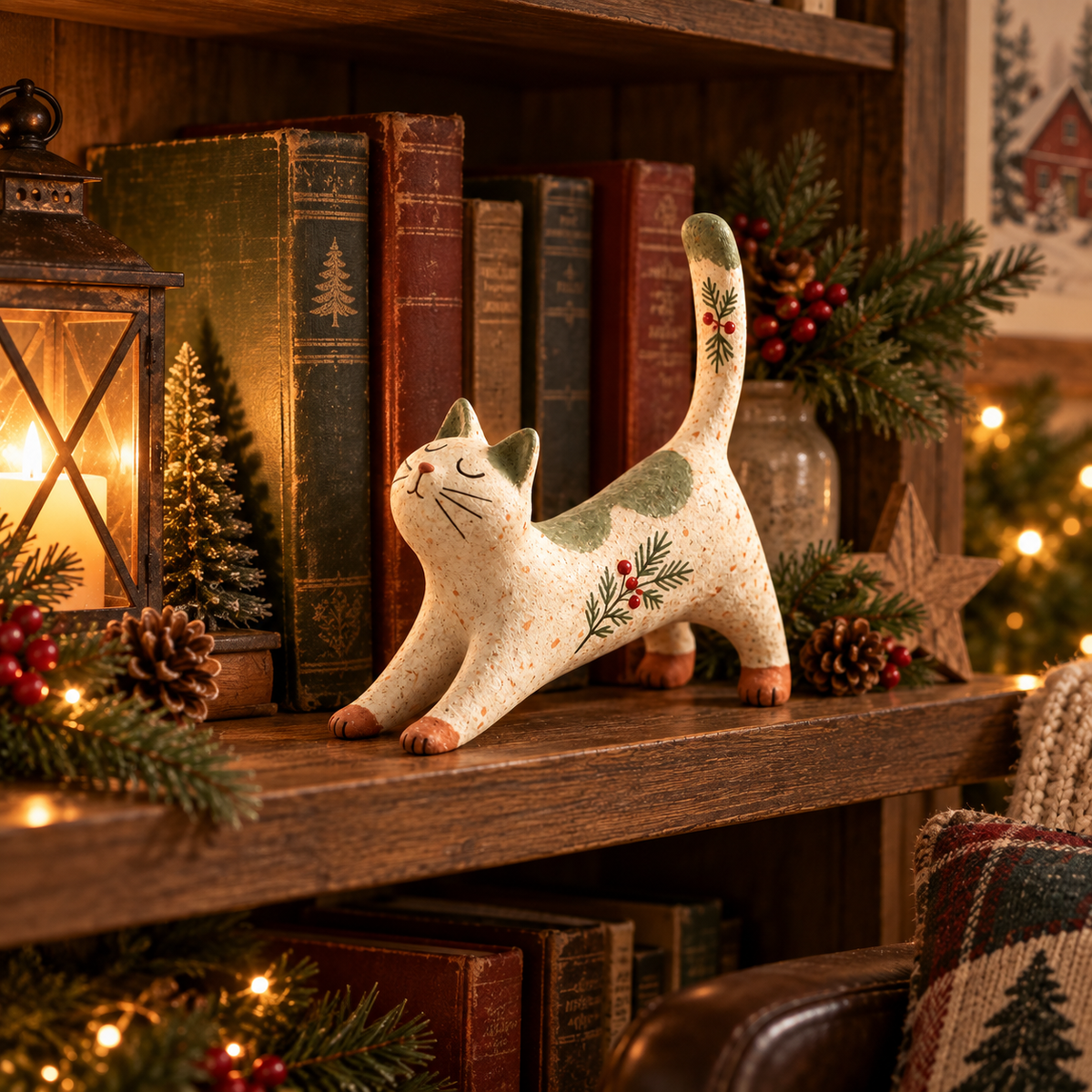 🐈🎄 Figurine de chat de Noël woodland--une touche chaleureuse et rustique pour votre maison de fête