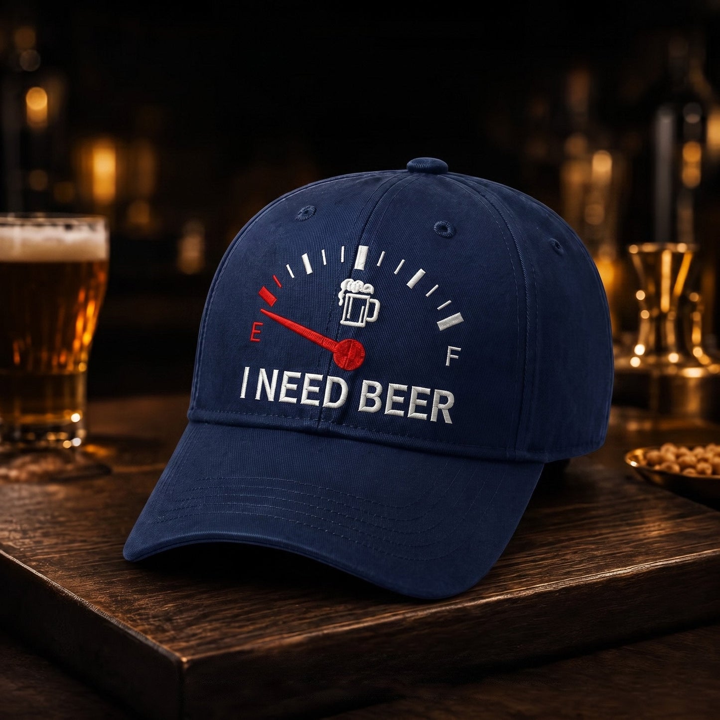 🧢 Casquette de Baseball Brodé "I NEED BEER" — Jauge à Bière Rigolote en Relief
