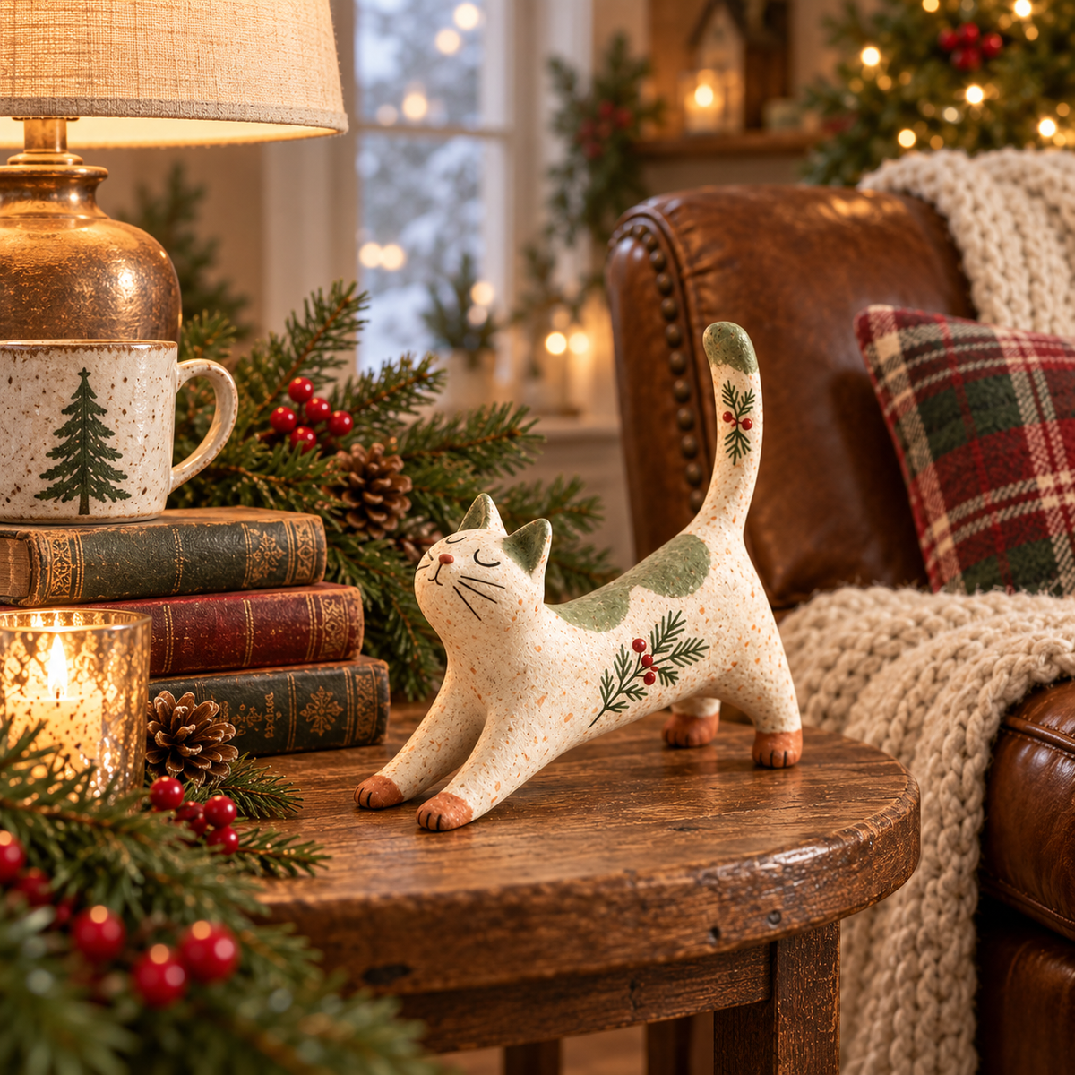 🐈🎄 Figurine de chat de Noël woodland--une touche chaleureuse et rustique pour votre maison de fête