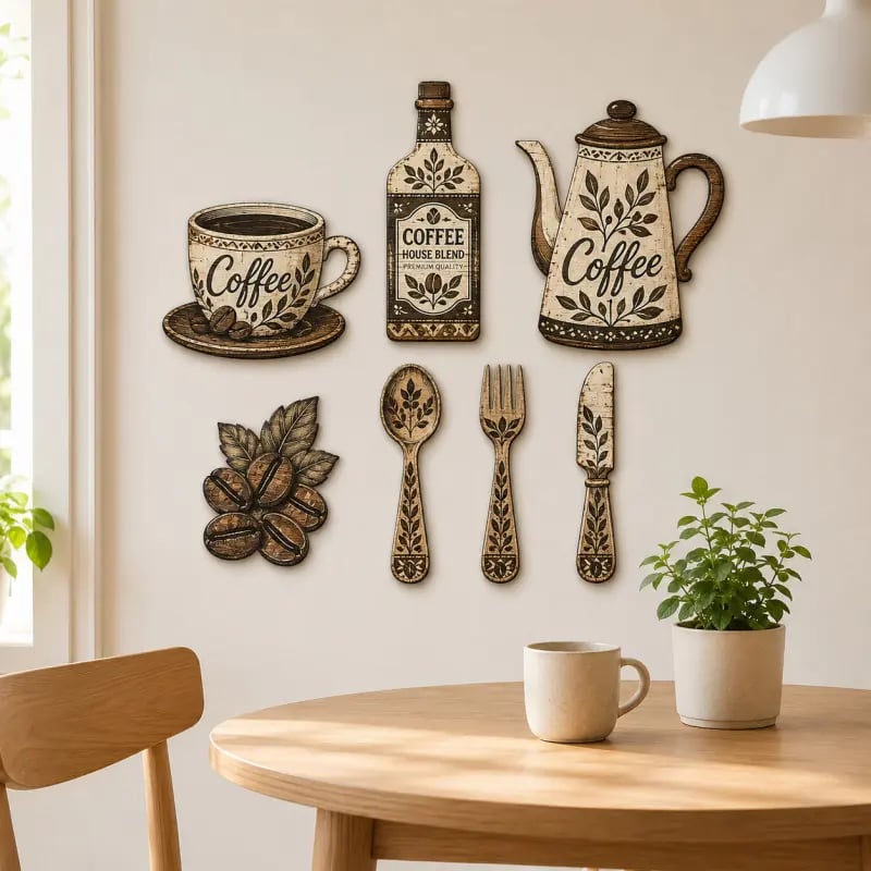 ☕Décoration Murale 7 Pièces en Bois Style Coin Café✨