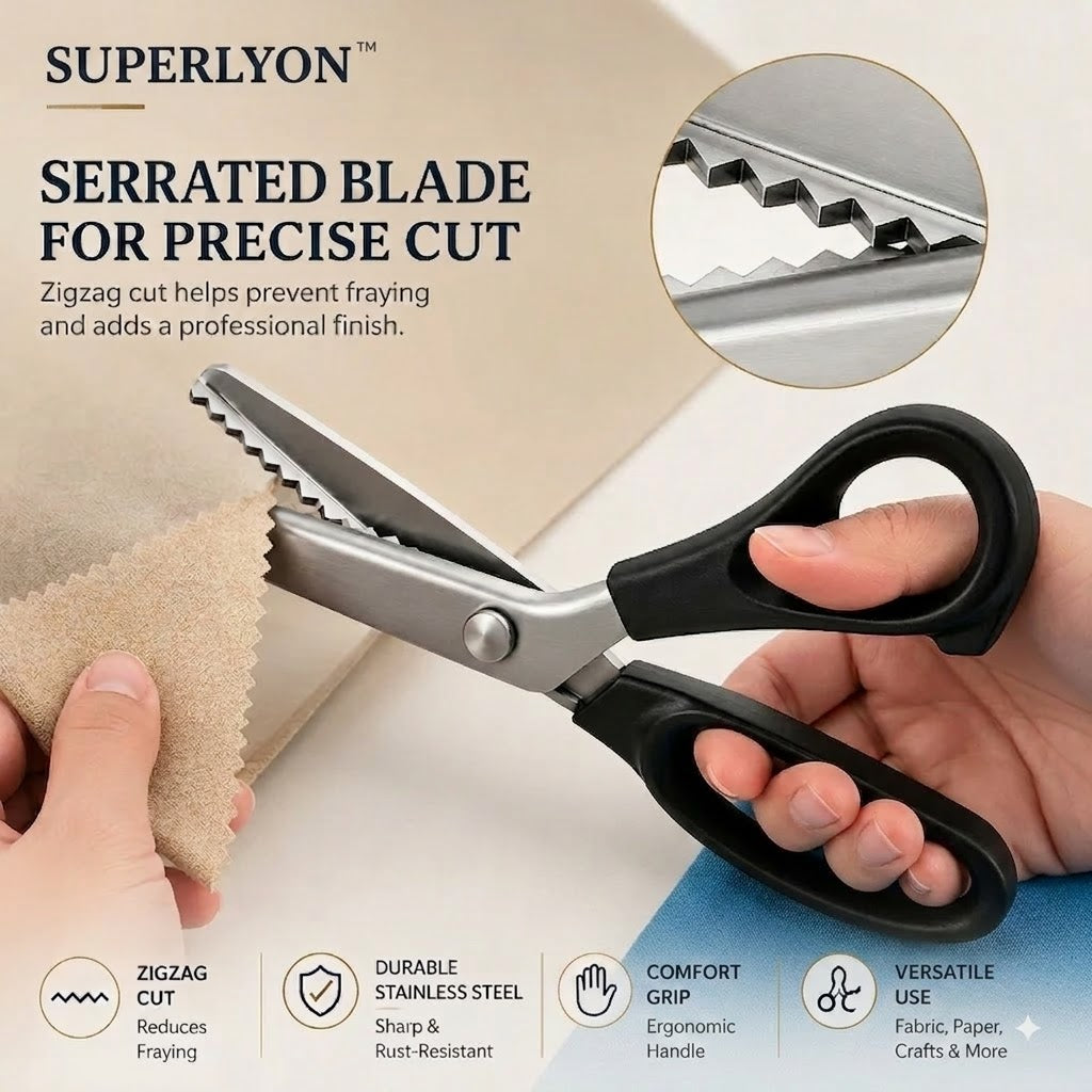 SUPERLYON ✂️ Ciseaux cranteurs professionnels en acier inoxydable 23 cm - ✨ Lame en zigzag affûtée, anti-effilochage, pour la couture et les loisirs créatifs