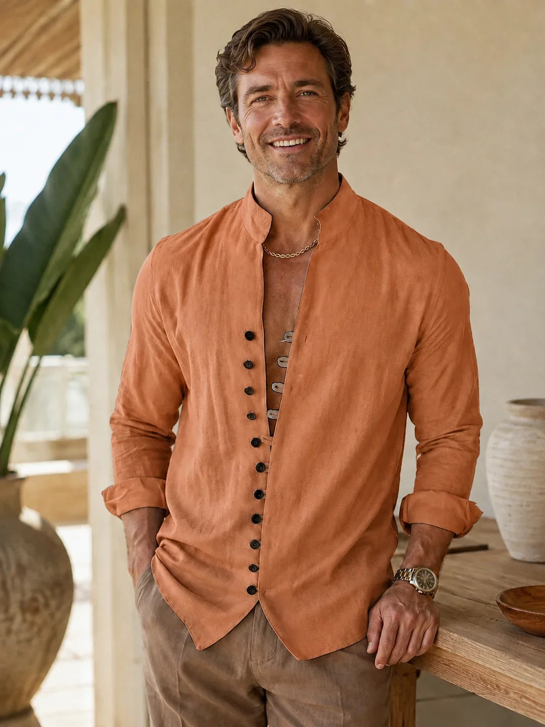 👕🌊 Chemise décontractée pour homme – col montant, coupe V, élégance estivale sans effort