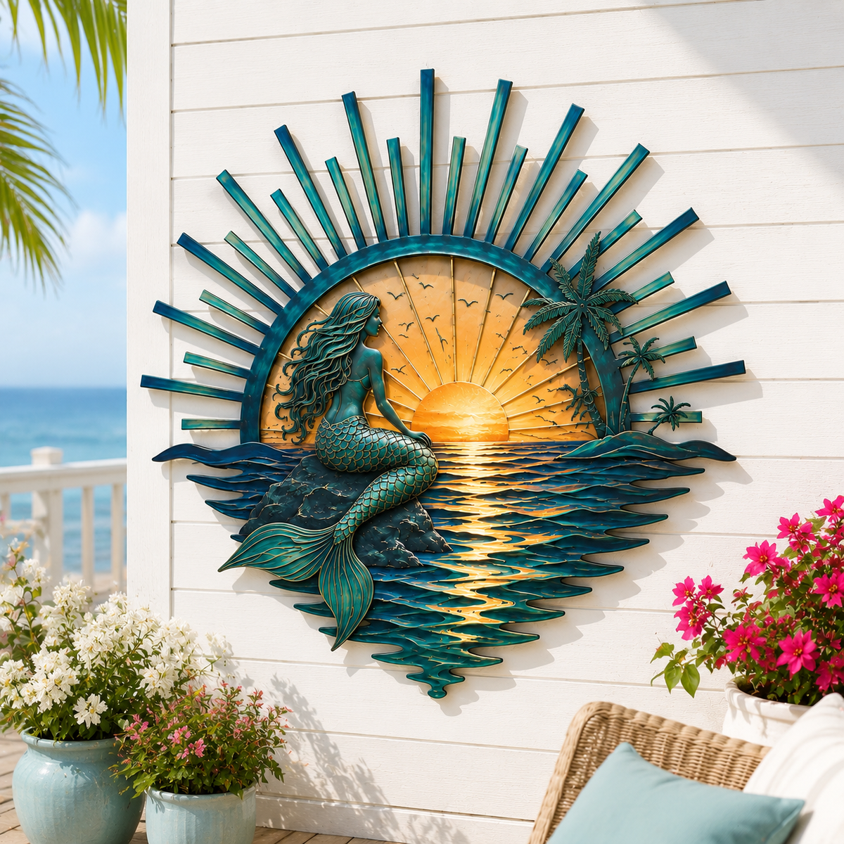 🌊 Décoration murale en métal « La légende des marées du coucher de soleil » : Décoration inspirée du coucher de soleil sur l’océan ! 🌅