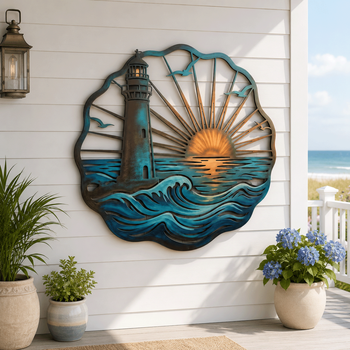 🌅 Fresque du phare de Golden Harbour – Décoration murale en métal style côtier vintage ⚓