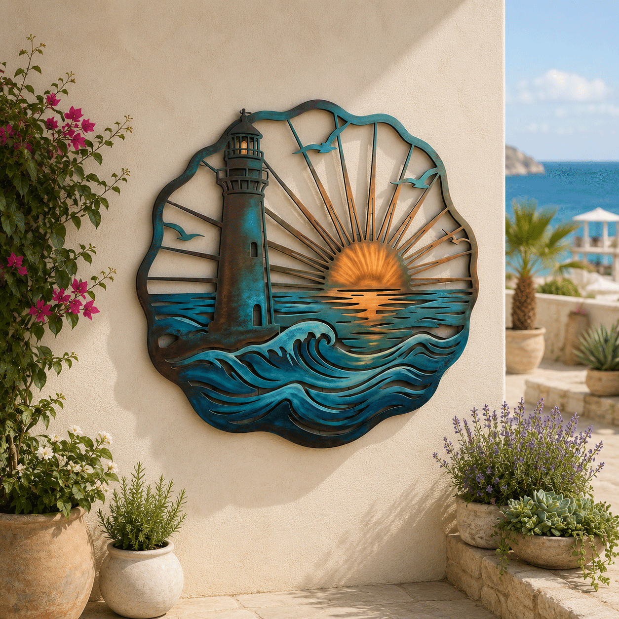 🌅 Fresque du phare de Golden Harbour – Décoration murale en métal style côtier vintage ⚓