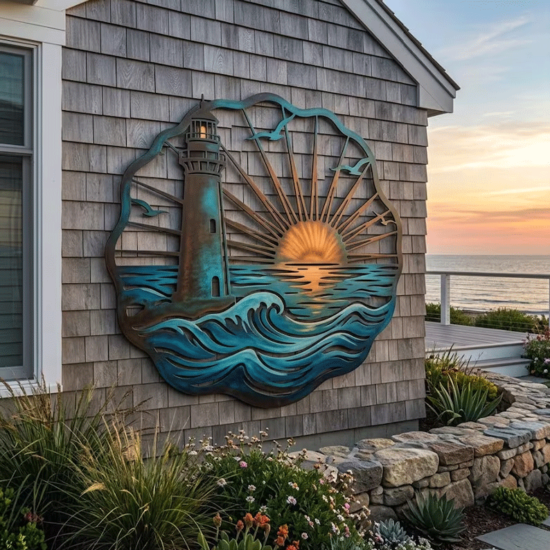 🌅 Fresque du phare de Golden Harbour – Décoration murale en métal style côtier vintage ⚓