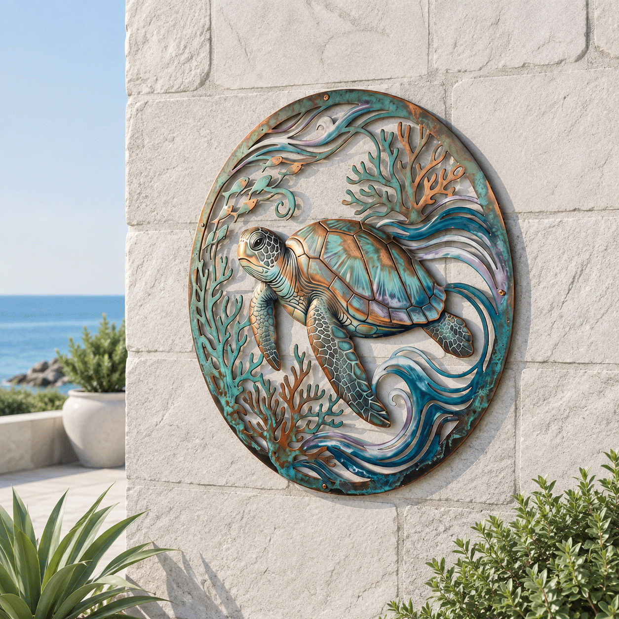 🌅 Fresque du phare de Golden Harbour – Décoration murale en métal style côtier vintage ⚓