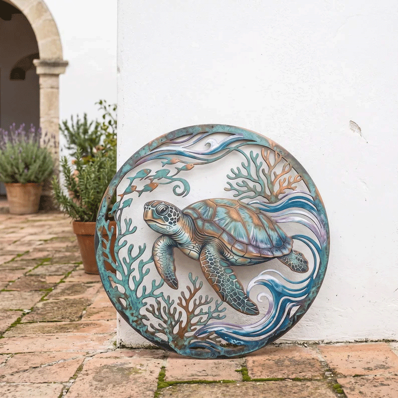 🌅 Fresque du phare de Golden Harbour – Décoration murale en métal style côtier vintage ⚓