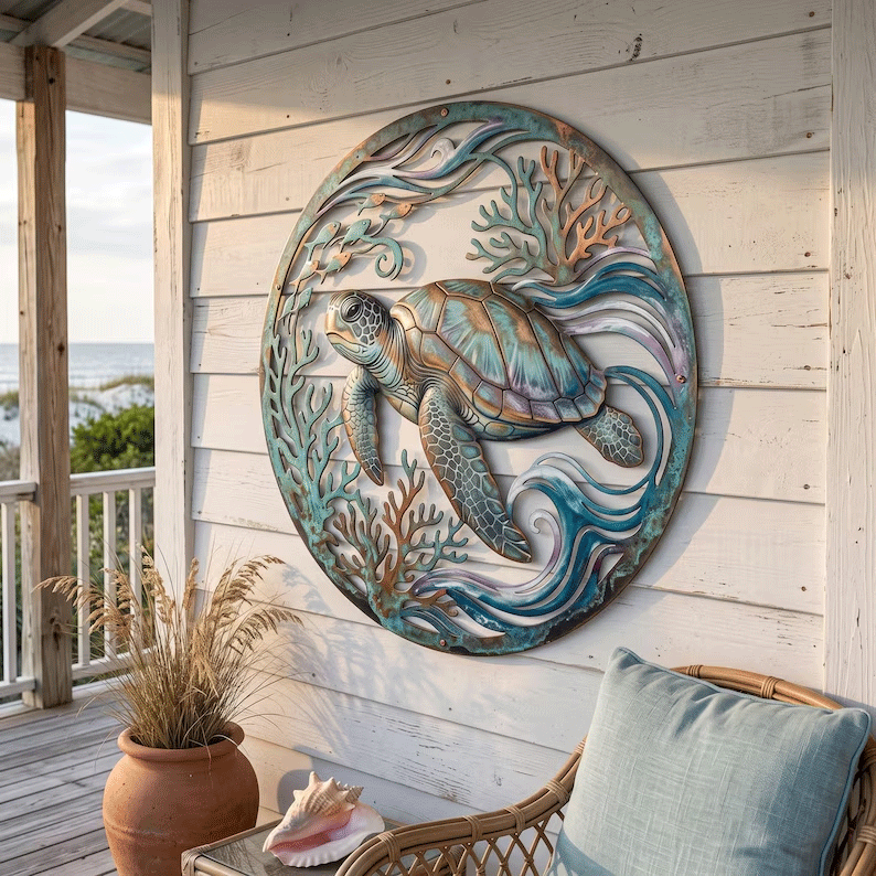 🌅 Fresque du phare de Golden Harbour – Décoration murale en métal style côtier vintage ⚓