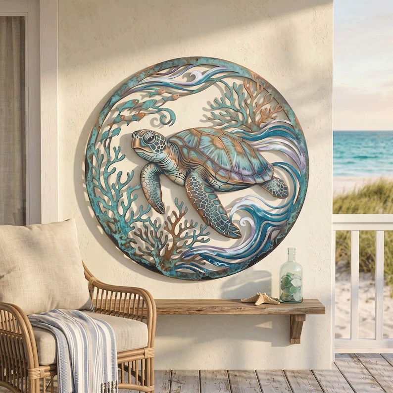 🌅 Fresque du phare de Golden Harbour – Décoration murale en métal style côtier vintage ⚓