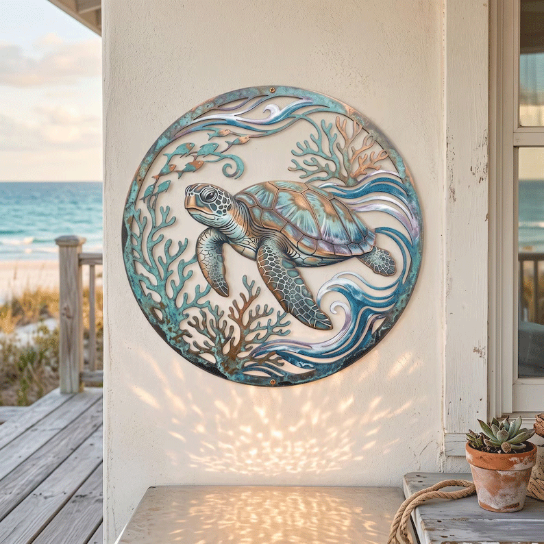 🌅 Fresque du phare de Golden Harbour – Décoration murale en métal style côtier vintage ⚓