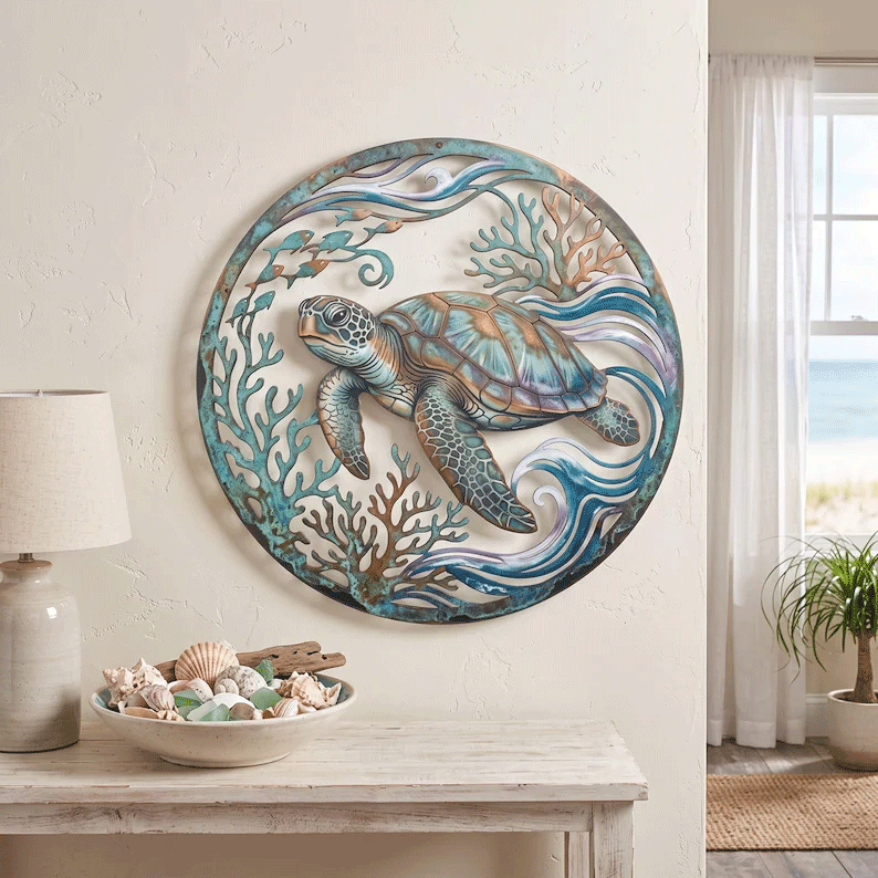 🌅 Fresque du phare de Golden Harbour – Décoration murale en métal style côtier vintage ⚓