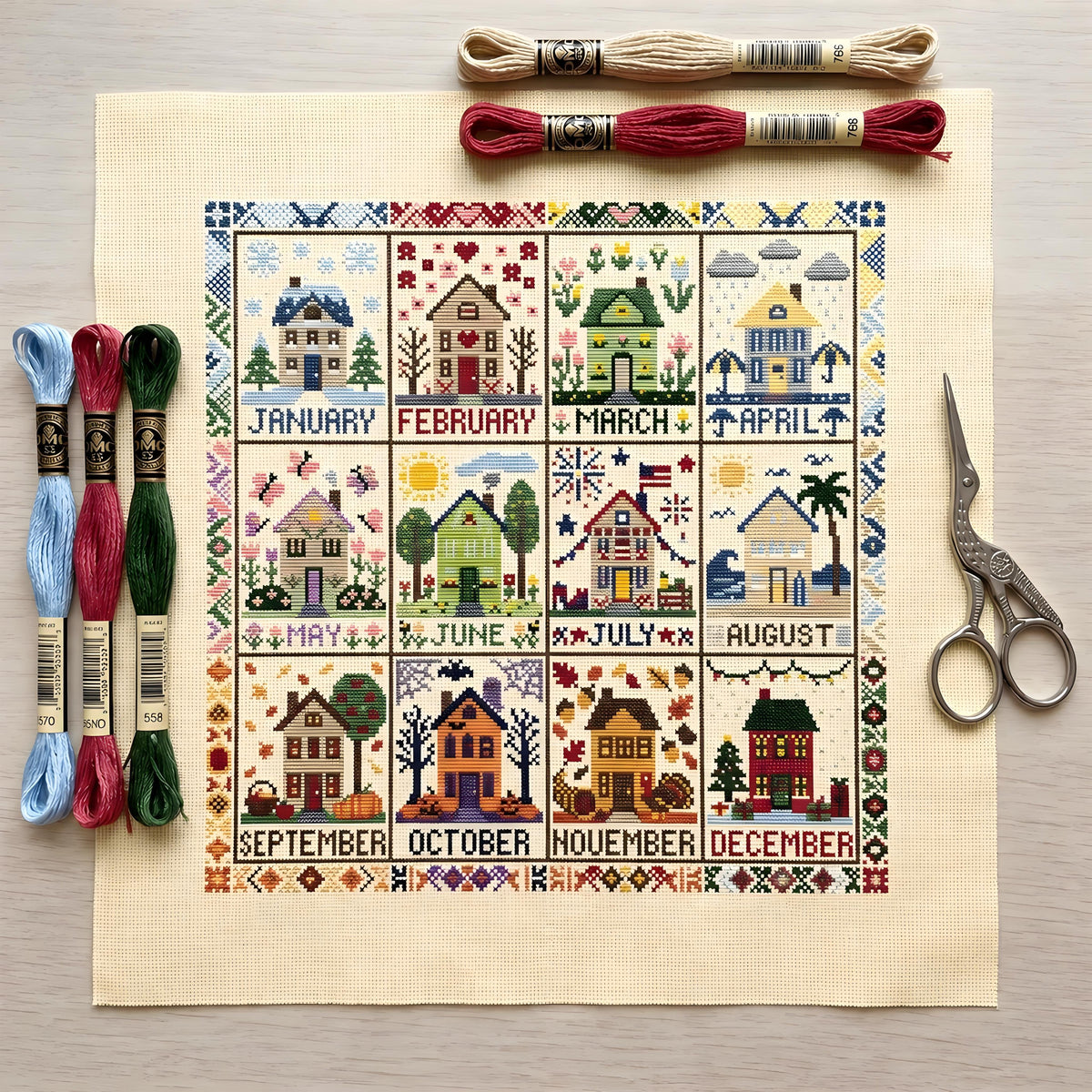 🌾🧵 Kit de point de croix Saisons et Fêtes (12 mois) — tissu pré-imprimé, pour broder sans compter