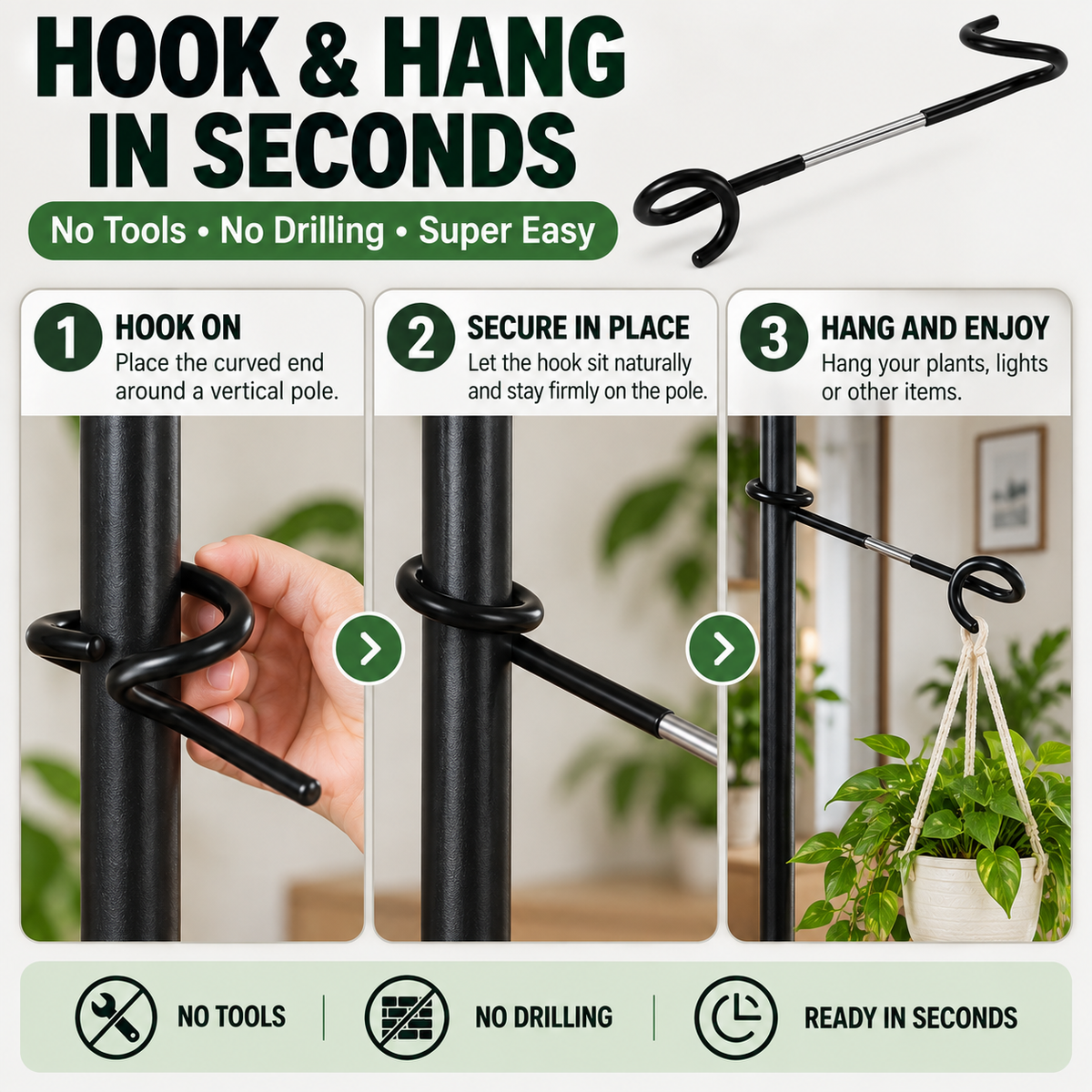 🪴🔧 Crochet de suspension pour poteau de plante sans perçage--plus de plantes, sans percer